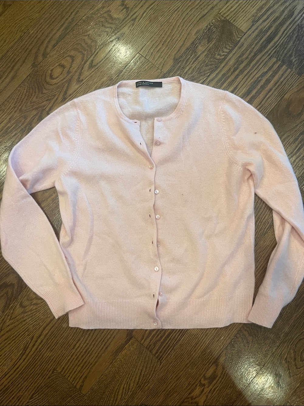 Lord & Taylor M Cashmere Blend Pink Crewneck Cardigan - Classic Women's Sweater